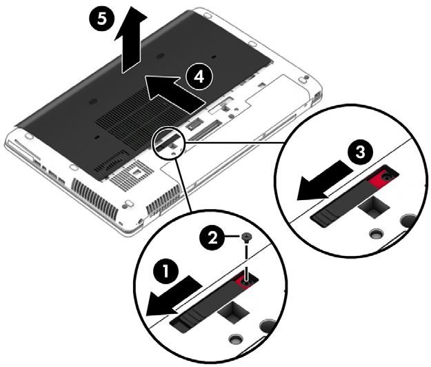 3. Skjut serviceluckan mot datorns front (4) och lyft bort luckan (5).