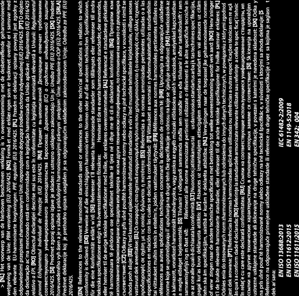 > NL] Het voorwerp van de hierboven beschreven verklaring is in overeenstemming met de desbetreffende geharmoniseerde wetgeving van de Unie: PBM-verordening (EU) 20 16/425.