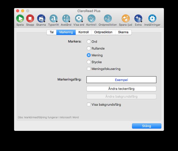Från skärmen ovan kan du ändra inställningarna för hur text markeras: Markörmedföljning Du kan välja om ClaroRead och WordRead skall markera ord, meningar eller stycken i Microsoft Word när du