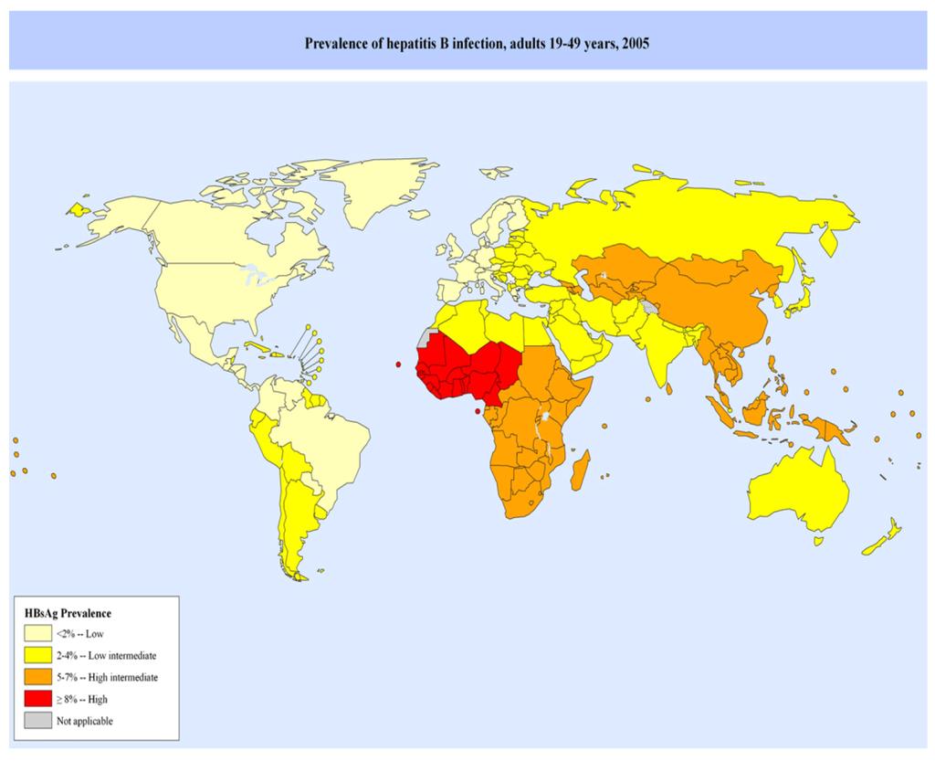 Hepatit B i världen Worldwide 250 million chronic HBsAg carriers 2,3 HBsAg prevalence, adults (19-49 years), 2005 3 <2% 2-4% 5-7% 8% Not applicable Decreasing prevalence in some endemic countries,