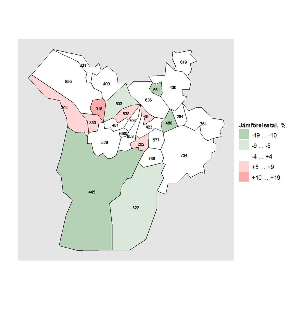 Karta 1. Vårdperioder till följd av skador och förgiftningar i regionens kommuner 2010 2014 jämfört med situationen i hela landet. Karta: Lantmäteriverkets Generalkarta 1:4 500 000, 2011.