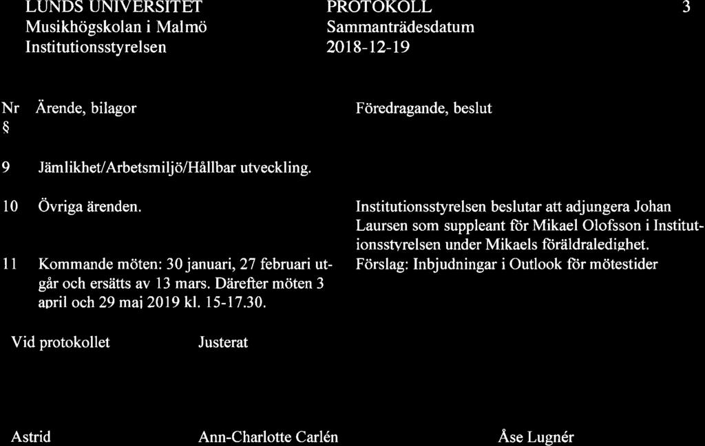 LUNDS UNIVERSITET Musikhögskolan i Malmö Instituti onsstyrel sen PROTOKOLL Sammanträdesdatum 20t8-t2-19 3 Nr a Ärende, bilagor Föredragande, beslut 9