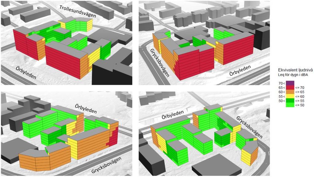 6.1 Ekvivalent ljudnivå Vid värst utsatta fasad mot Örbyleden fås ekvivalenta ljudnivåer upp mot 68 dba från vägtrafik och vid värst utsatta fasad mot Grycksbovägen fås ekvivalenta ljudnivåer upp mot