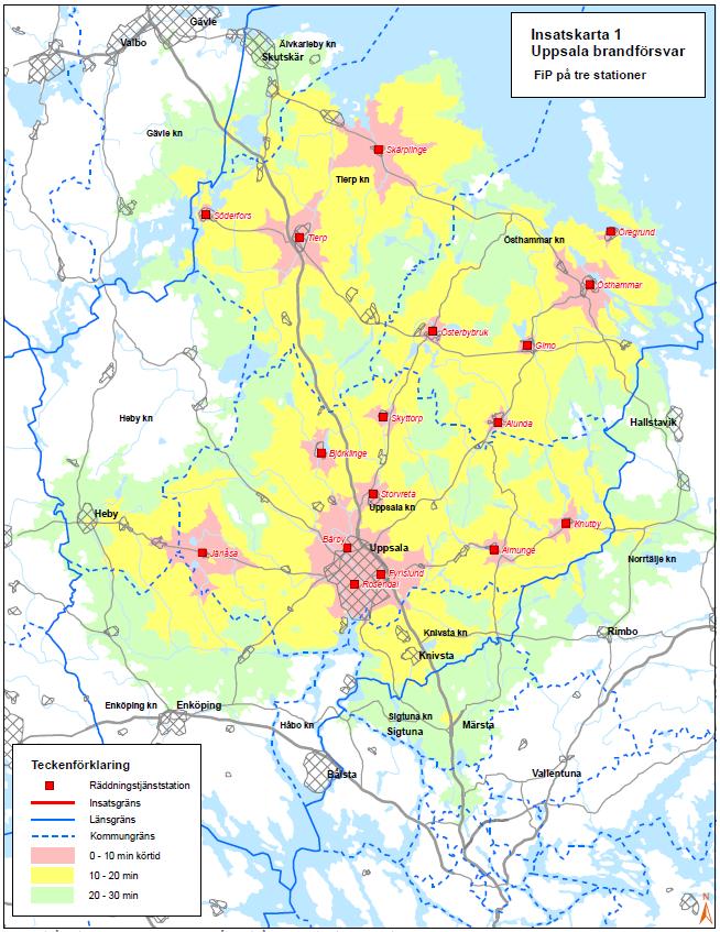 Figur 9.2.1.1. Insatstider i Uppsala brandförsvars geografiska område med dagens organisation, med första insatsperson, FiP, infört på några stationer.