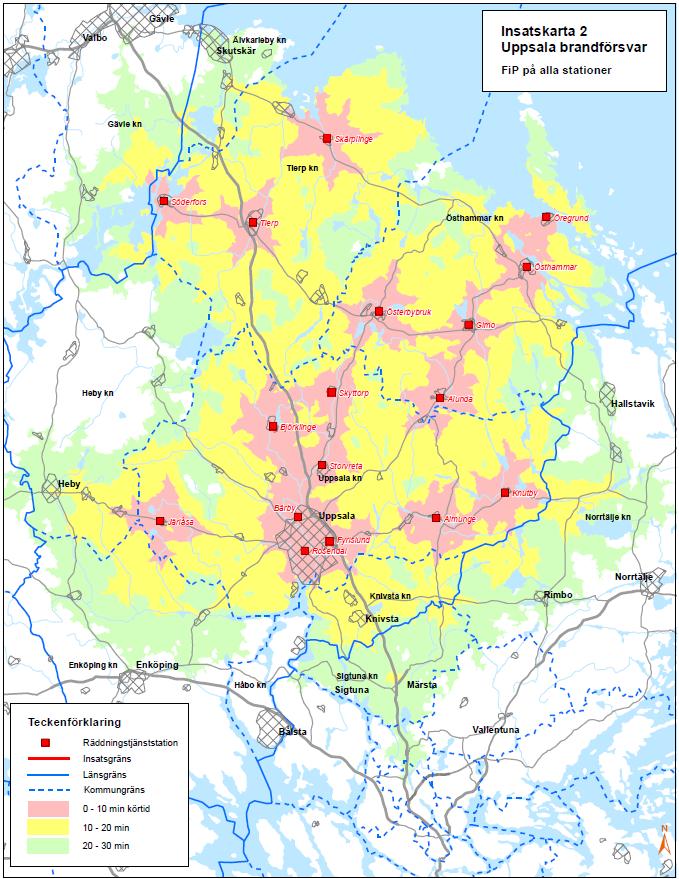 Figur 9.2.1.2. Insatstider i Uppsala brandförsvars geografiska område då första insatspersoner, FiP, är infört på samtliga RiB-stationer.