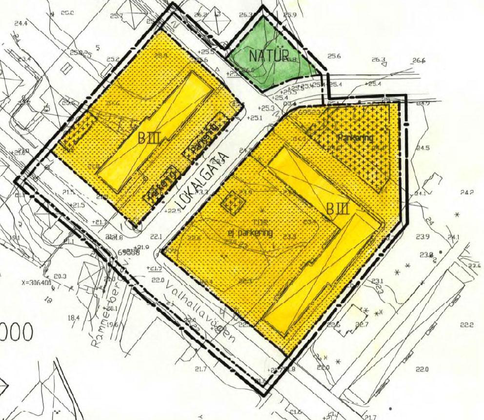 2019-03-26 Dnr 13/2017- PDP 6 Utdrag från gällande detaljplan. Ungefärligt läge för område avsatt för carport har markerats med röd streckad linje.