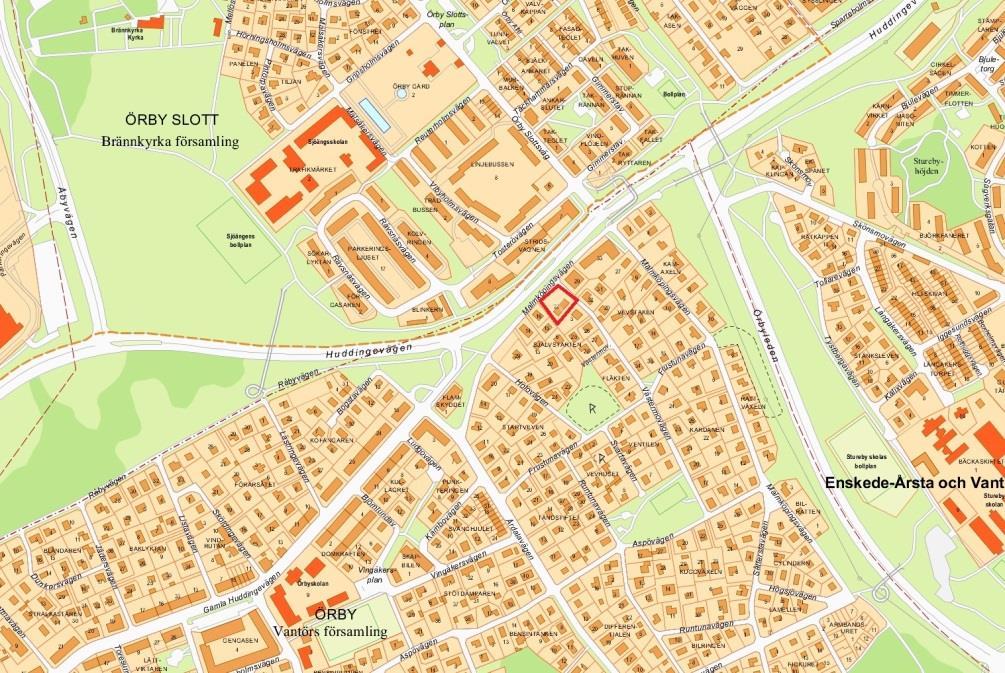 Sida 2 (11) Karta över Örby med planområdet markerat i rött. Syfte Planens syfte är att möjliggöra bostäder och lokal i bottenvåning inom fastigheten Självstarten 22.