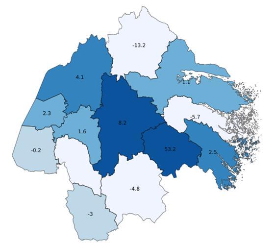 6 Positiv utveckling i 7 av 13 kommuner I Östergötland var utvecklingen varit positiv i sju av de tolv kommuner som statistik kunnat redovisas för under 2018.