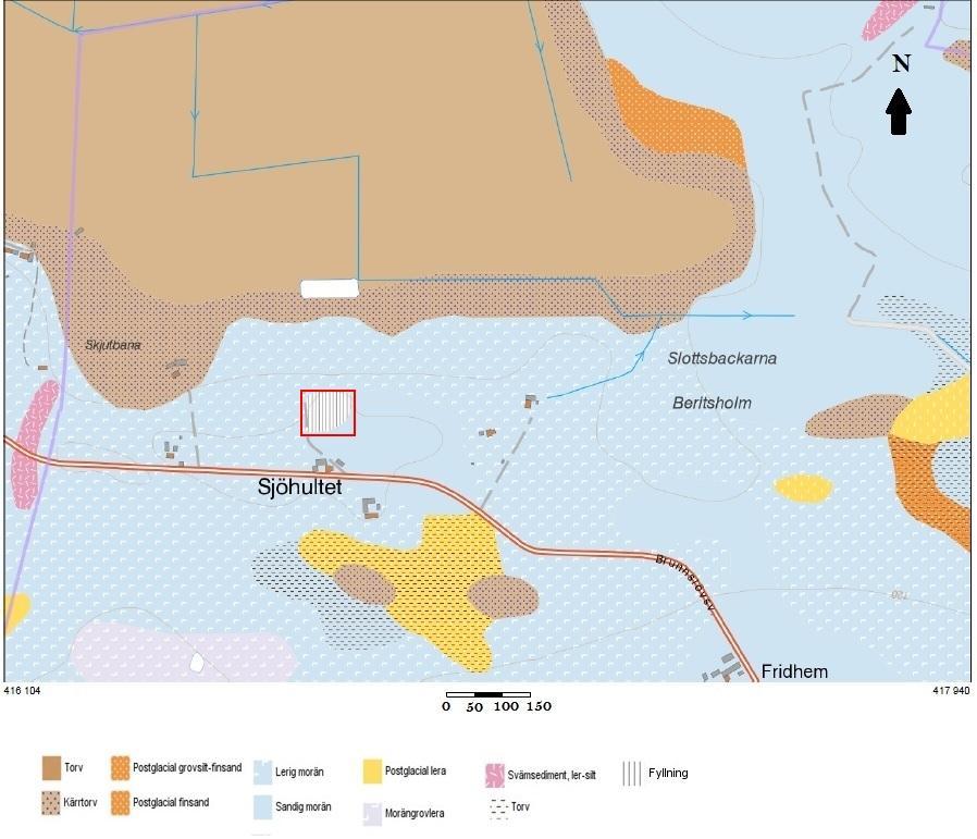 Figur 1. Jordartskarta Sjöhultet och Sjömossen, Bjärsjölagård (SGU, 2014a). Deponin är det inringande området. 3.1.2 Områdesbeskrivning Deponin har en tydlig kontur (se figur 2) och det växer gott om träd på och runt om deponin, förutom i mitten av deponin.