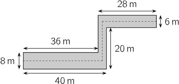 (A) 49 (B) 64 (C) 66 (D) 74 (E) 80 18. Korridorens mått finns i figuren. En katt går längs rutten som har markerats med punktstrecket. Hur många meter går katten?