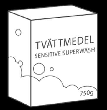 Figur 8 Hyllkants/kvittotext är "Tvättm Sensitive", varumärket är "Superwash" och förpackningsstorleken är 750 g för tvättmedelsförpackningen.