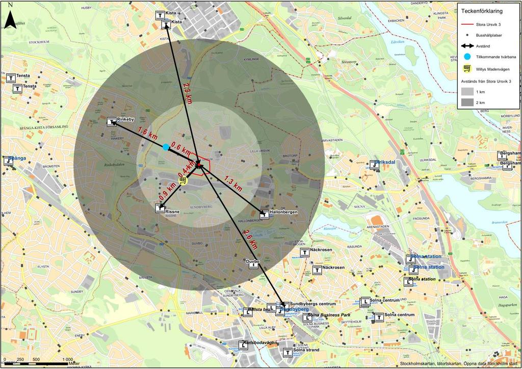 Figur 4. Fågelvägsavstånd från Stora Ursvik 3 till olika målpunkter. Källa: WSP. Busstrafik Bussnätet visas på busslinjekarta från Trafikförvaltningens hemsida.