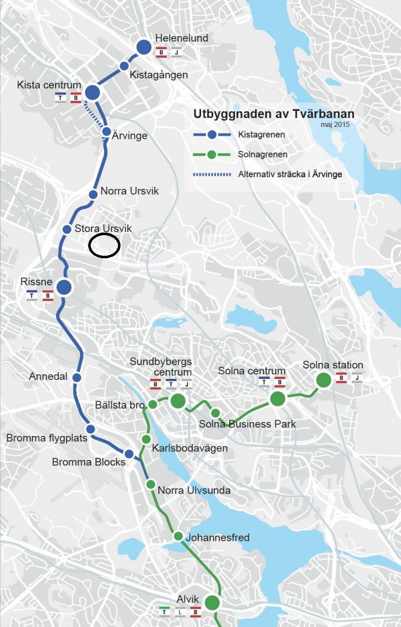Figur 9. Hållplatslägen för Tvärbanans Kistagren.