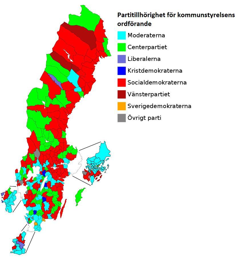 Kommunstyrelsens ordförande Parti Antal Socialdemokraterna 127 Moderaterna 88 Centerpartiet