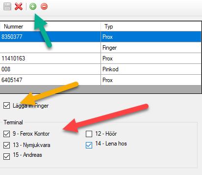 För att en anställd skall vara synlig i terminalen, vid registrering av finger eller kort, så måste den anställda ha minst en rad gällande kort, pin eller ett finger i nedan lista för vald terminal.