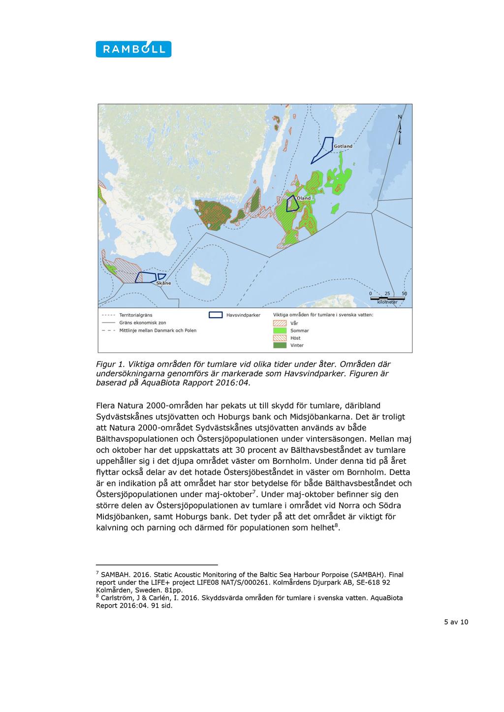 Figur 1. Viktiga områden för tumlare vid olika tider under åter. Områden där undersökningarna genomförs är markerade som Havsvindparker. Figuren är baserad på AquaBiota Rapport 2016:04.