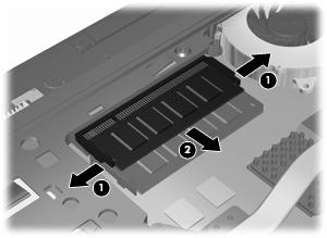 b. Fatta tag i kanten på minnesmodulen (2) och dra försiktigt ut den från minnesmodulplatsen. Skydda den borttagna minnesmodulen genom att lägga den i en antistatisk förpackning. 10.