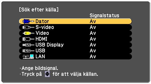 Välj en bildkäll 49 När fler bildkällor är nslutn till projektorn, såsom en dtor och DVDspelre, kn du växl från en bildkäll till en nnn. b c Se till tt den nslutn bildkälln du vill nvänd är påslgen.