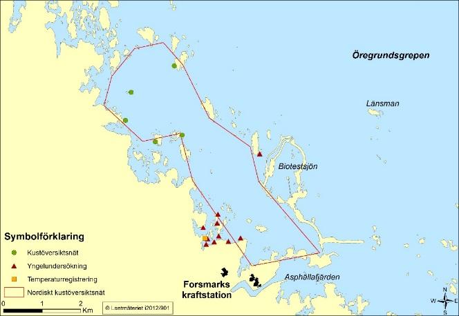 3.3 Forsmark och Finbofjärden 3.3.1 Beståndsövervakning med nätprovfiske Provfiske genomförs i augusti med Nordiska kustöversiktsnät på 45 stationer i Forsmarks skärgård enligt standardförfarande (figur 5).