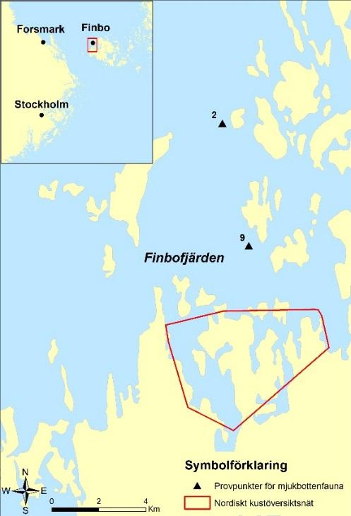 Figur 6. Referensområdet i Finbofjärden. Inom den röda ramen provfiskas 45 stationer med Nordiskt kustöversiktsnät. 3.