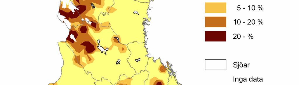 Andelen gammal skog är liten eller mindre än 5 procent i större delen av landet.