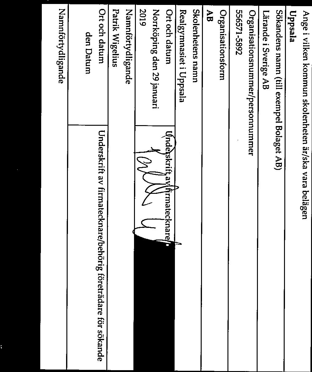 Sökandens namn (till exempel Bolaget AB) Lärande i Sverige AB 556571-5892 Organisationsform AB Skolenhetens namn Realgymnasiet i Uppsala Ort och datum