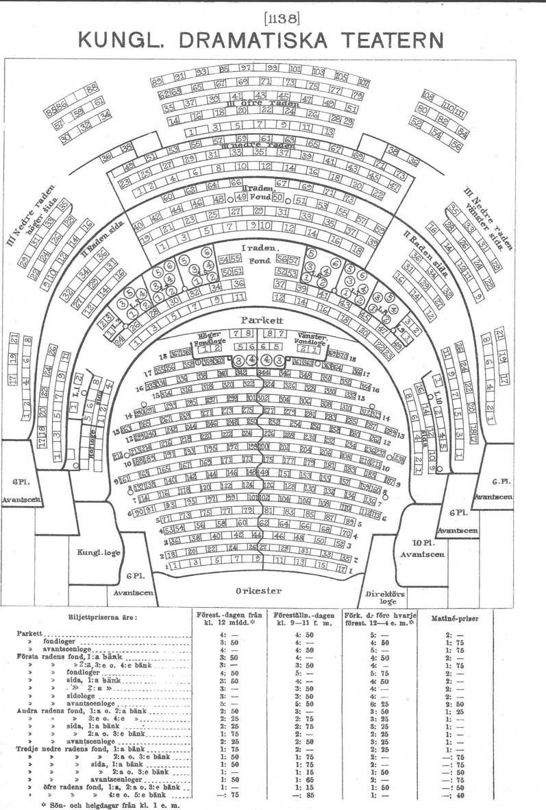 KUNGL. [1138] DRAMATISKA TEATERN 02 '7 Z e 11 "' 81 83 G Ol:'kesteT Biljettpriserna äro: Förest. -degen Mu Föreställn. -dagen Fark. d:- röre hv&l'je kl. 12 midd.;'< Mattne~priller kl. 9-11 f. m. mr.