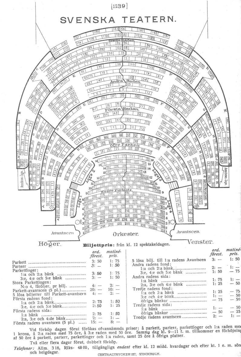 l1139 ] SVENSKA TEATERN. e S3 4-6, 6~ 36 38 13 98 ](lo 75 Höger. Parkett. Parterr. Par kett! o ger: I:a och 2:a bänk 3: 50 3:e, 4:e och 5:e bänk 3: Stora Parkettlogen : N.o 4, fåtöljer, pr bilj.