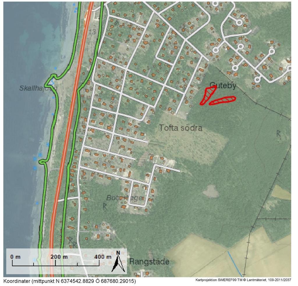 2 (5) Krokstäde 1:51 Figur 1 Tofta södra, där fastigheten och de två nyckelbiotopsklassade sumpskogarna presenteras i rött.