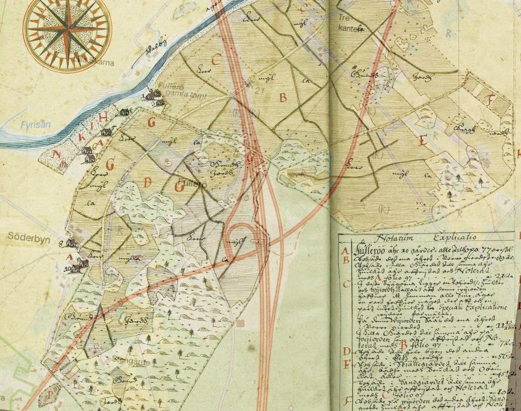 Den geometriska jordeboken från 1635 med dagens karta överlagd. LM.