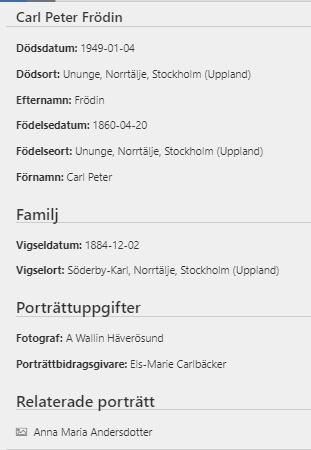 Till vänster bilden med en bildtext och de biografiska uppgifter jag angett till höger.