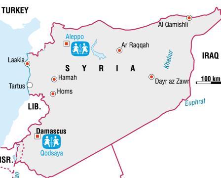 SOS Barnbyars katastrofprogram; stöd speciellt utformat för att hjälpa barn och deras familjer i samband med katastrofer, finns i Aleppo, Damaskus och Tartous.