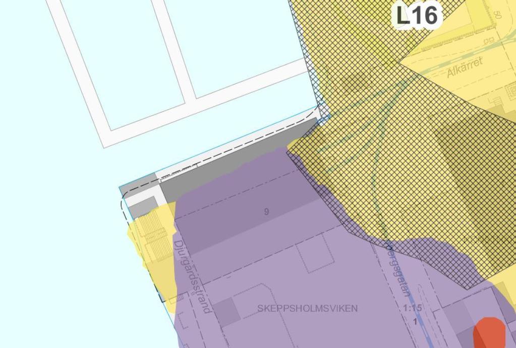 Figur 1. Stockholms stads byggnadsgeologiska karta. Blå indikerar morän, gul indikerar lera, röd indikerar berg i dagen, skrafferat indikerar utfyllnad. Svart område visar berörd hall.