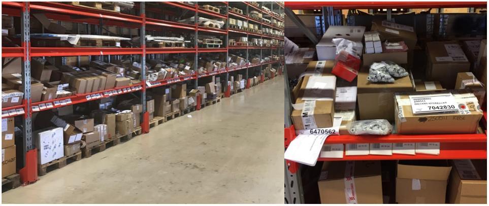 material. Uppmärkningen är placerad på den nedersta balken för att truckförarna ska kunna nå den med sin scanner. Varje lagerplats får en unik sifferkombination baserat på rad, djup och höjd.