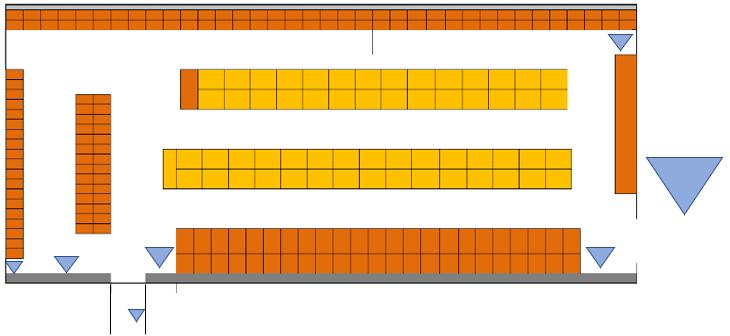 Figur 22. Layout ställagelagret lagertält, blå trianglar indikerar plats för djuplagring/fristapling, anpassad från Cibes Lift Group.