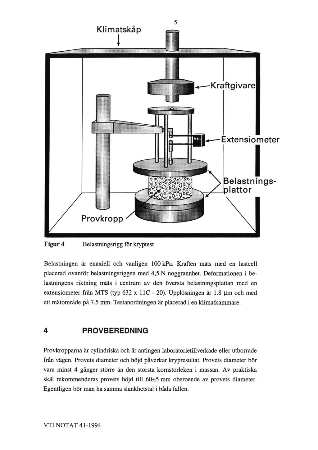 Klimatskåp Extensiometer Provkropp Figur 4 Belastningsrigg för kryptest Belastningsplattor Belastningen är enaxiell och vanligen 100 kpa.