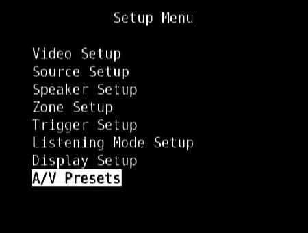 SETUP MENU sidan. Använd [ ] för att öppna A/V Presets menyn.