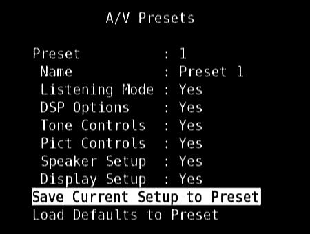 du är vid Save Current Setup to Preset menyraden, använd [ ] för att spara inställningarna på Preset 1. Nedan i skärmenyn visas att snabbvalet sparas på Preset 1.