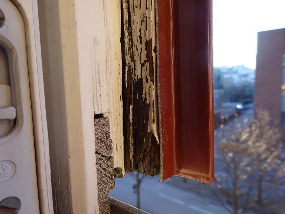 Troligtvis gjordes ingen renovering eller målning av fönstren i samband med montaget av plåten, detta i kombination med att plåtinklädnaden fortfarande möjliggör viss vatteninträngning