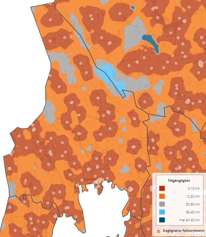 Tabell 2: Tillgängligheten till dagligvaror 2008 och 2017. Restid med bil för antal personer i Värmland.