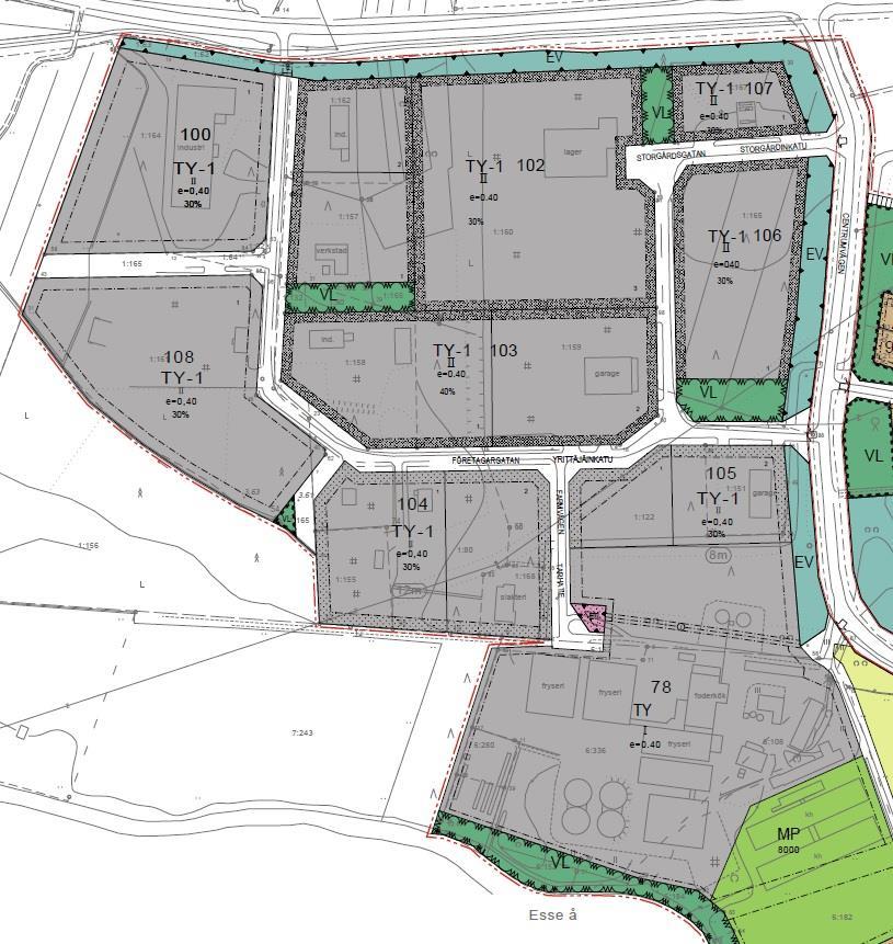 1-13 Bild 10. Utdrag ur detaljplanen för Industriområdet. 3.2.1.5 Byggnadsordningen Byggnadsordningen är godkänd av kommunfullmäktige i Pedersöre den 27.6.2011. 3.2.1.6 Tomtindelning och tomtregister Information angående fastighetsindelningen på området är baserad på tidsenliga uppgifter från Lantmäteriverket.