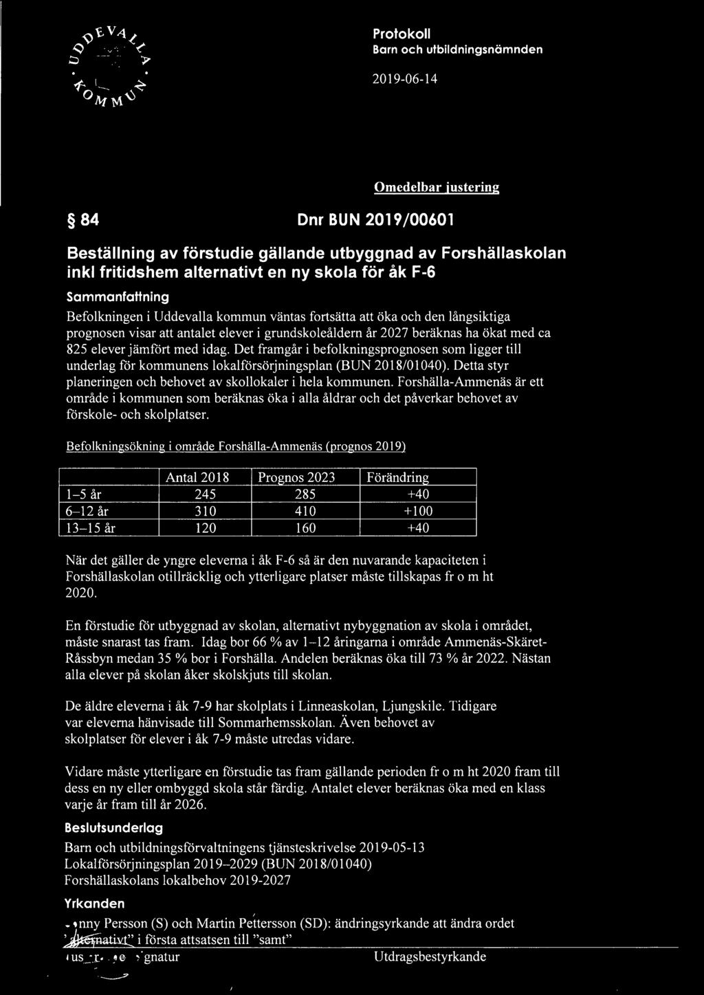 Det framgår i befolkningsprognosen som ligger till underlag för kommunens lokalförsörjningsplan (BUN 2018/01040). Detta styr planeringen och behovet av skollokaler i hela kommunen.