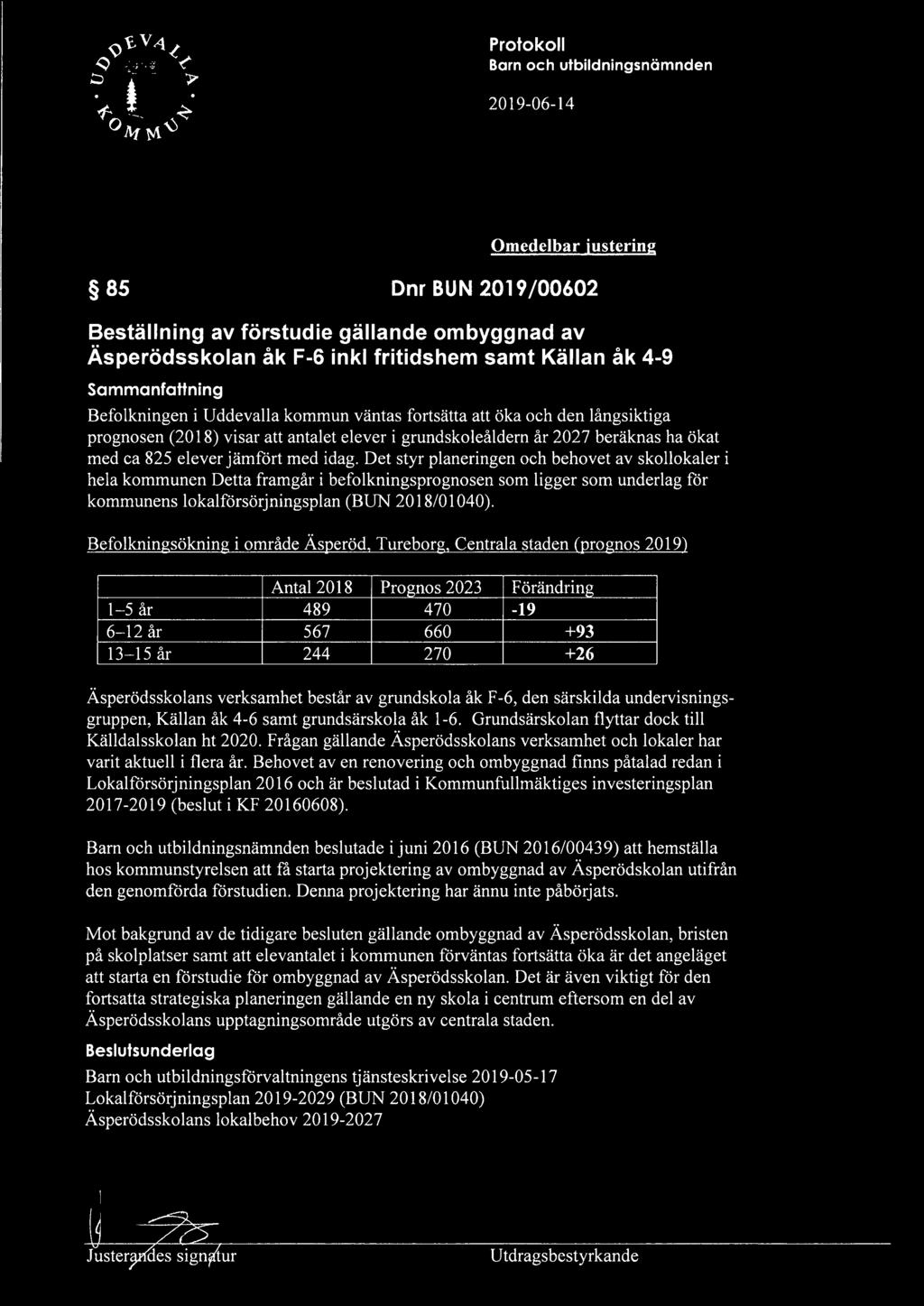 Det styr planeringen och behovet av skollokaler i hela kommunen Detta framgår i befolkningsprognosen som ligger som underlag för kommunens lokalförsörjningsplan (BUN 2018/01040).
