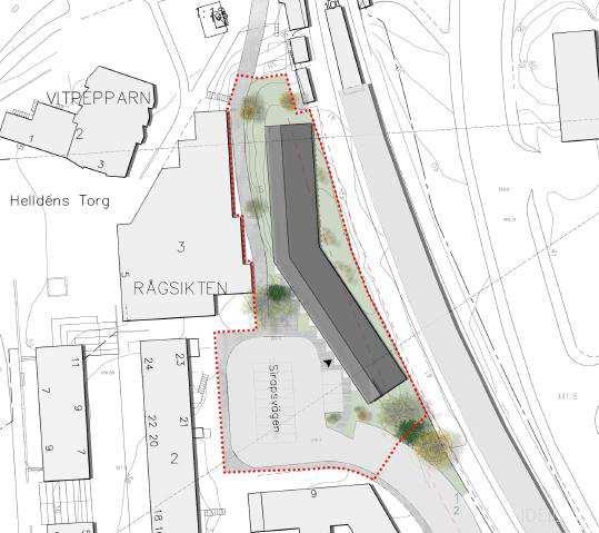 Den nya byggnaden exponeras främst för spårtrafikbuller från tunnelbanan i öster och för verksamhetsbuller från matbutiken Matdax i väster.