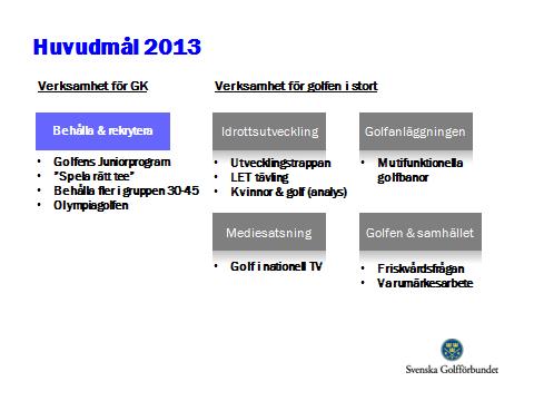 Svenska Golfförbundet Prioriteringar 2013 (fastställda av FS i maj 2012) Verksamhet för golfen i stort