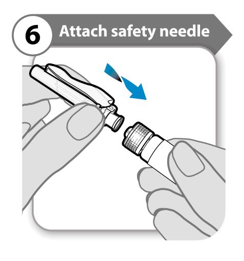6. Fäst nålen med nålskydd 6 Fäst nålen med skydd Fäst nålen med nålskydd genom att ordentligt skruva fast den på sprutan så långt som det är möjligt. 7.