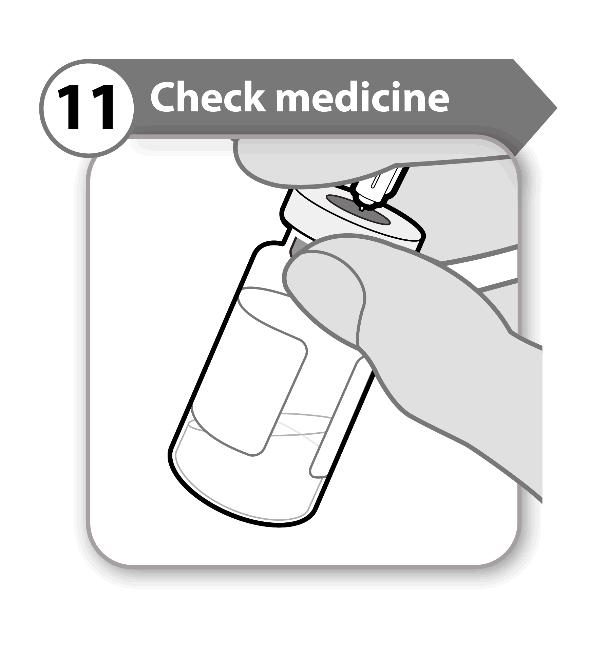 Obs! Det kan ta upp till 5 minuter. 11. Kontrollera läkemedlet 11 Kontrollera läkemedlet Låt nålen vara kvar i injektionsflaskan och granska läkemedlet noga.