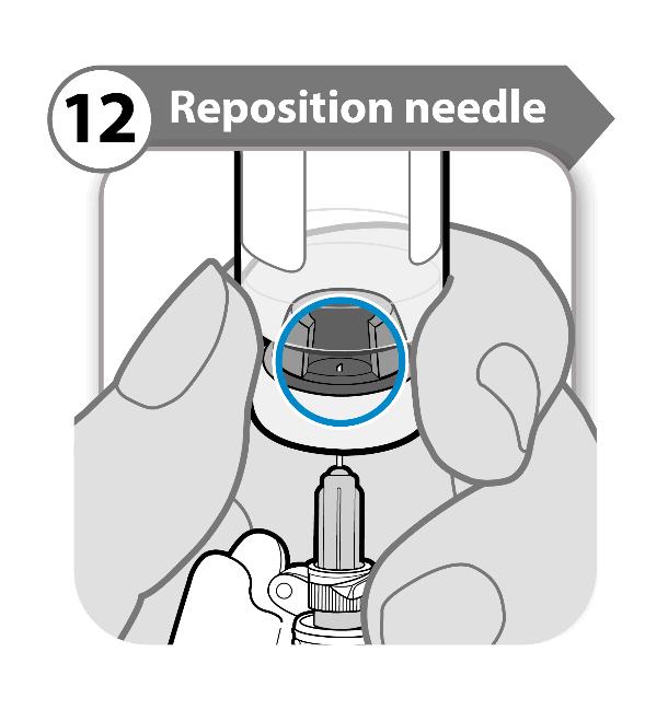 12. Flytta om nålen 12 Flytta om nålen Vänd injektionsflaskan så att du kan se mellanrummet i proppen enligt bild. Dra nålen nedåt så att nålspetsen är vid sin lägsta punkt i vätskan.