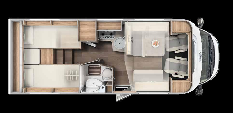 Visas med exemplet T 448 Rymligt garage 100 % kvalsterfria madrasser med Comfort- Fit-överdrag Integrerat kylskåp med tillvalet AES-funktion Intelligenta garderober och takskåp täthetsgaranti* och