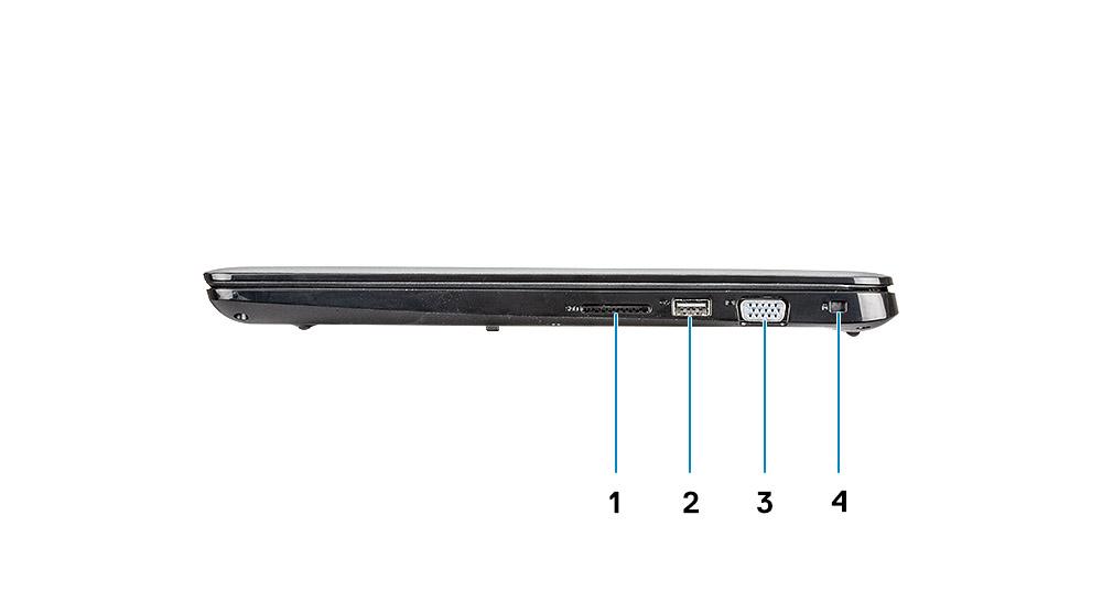 1 Nätkontakt 2 Batteriindikator 3 USB typ C 3.1 Gen 1 port med strömförsörjning och displayport 4 HDMI 1.4 port 5 Nätverksport 6 USB 3.